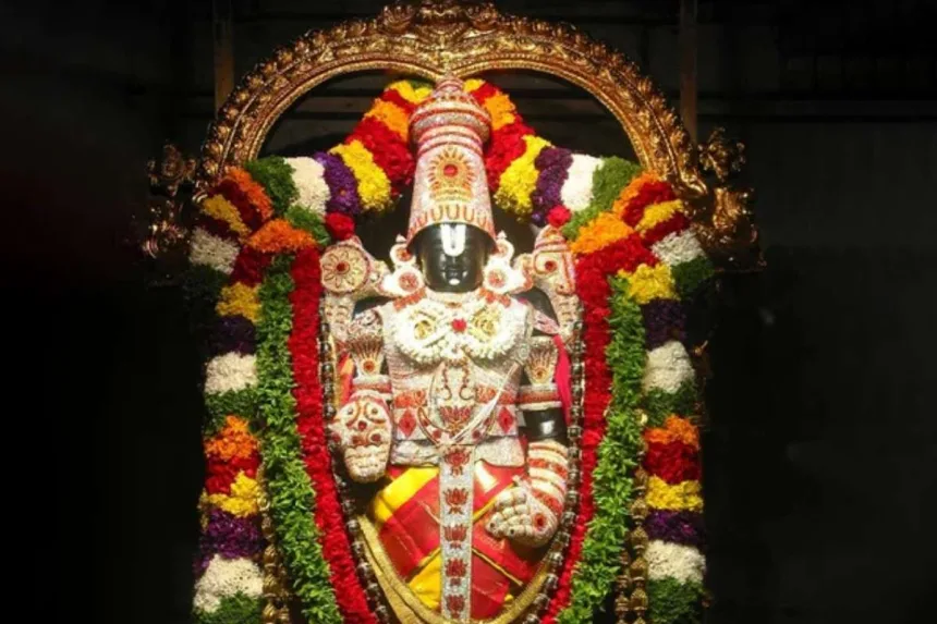 Lord Venkateswara Swamy at Tirumala temple, adorned with divine jewels, attracting devotees in 2025 for spiritual darshan.