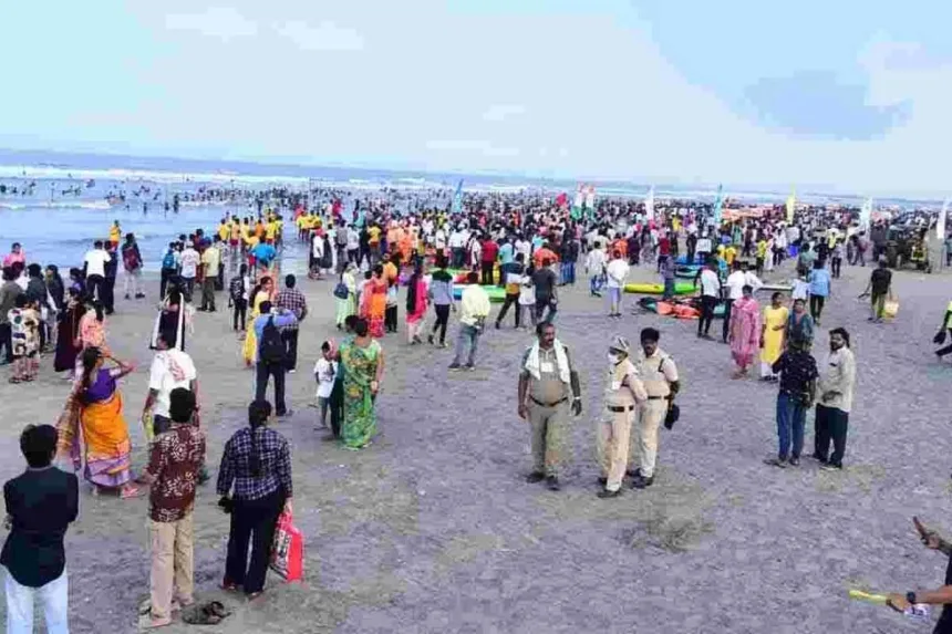 Tourists enjoying cultural events and adventure sports at Masula Beach Festival 2025 in Machilipatnam.