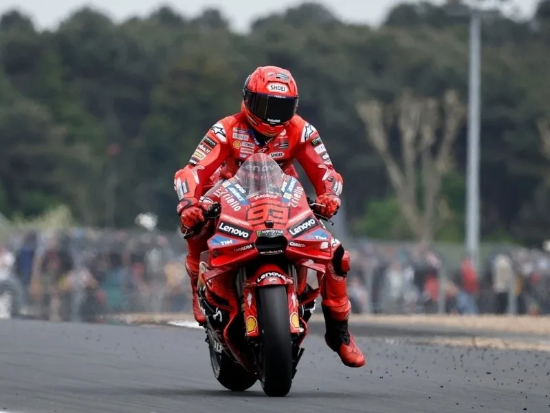 Ducati riders Marc Marquez, Alex Marquez, and Francesco Bagnaia on the 2025 Italian GP Sprint podium