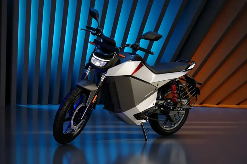 Ola Roadster X electric motorcycle 2025 in stellar blue on Andhra Pradesh street