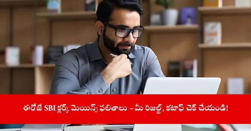 student checking SBI Clerk Mains Result 2025 on laptop, India 2025