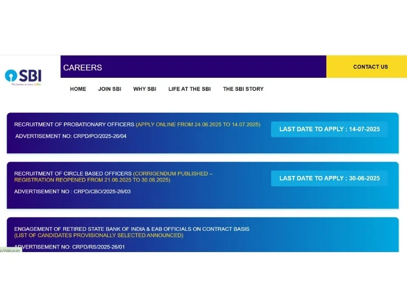 SBI official portal interface for PO 2025 recruitment application
