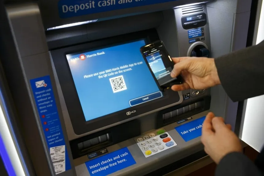 SBI ATM displaying UPI QR code for cardless cash withdrawal, launched in 2025 for secure digital banking.