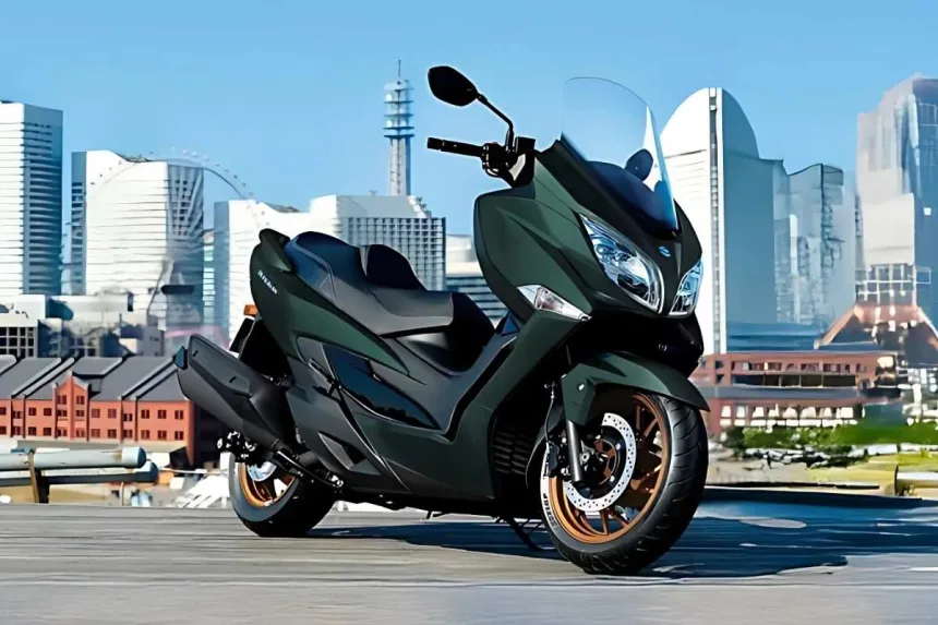 2025 Suzuki Burgman 400 in Bright Metallic Blue with gold wheels on Andhra Pradesh street