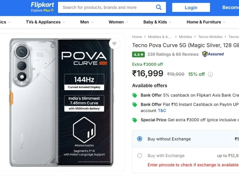 Flipkart interface showcasing Tecno Pova 7 Series launch offers, 2025