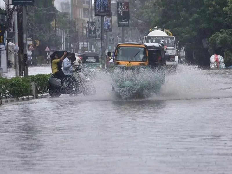 Telangana weather update showing a yellow alert for heavy rains from June 28 to July 1, 2025, due to a low pressure system.