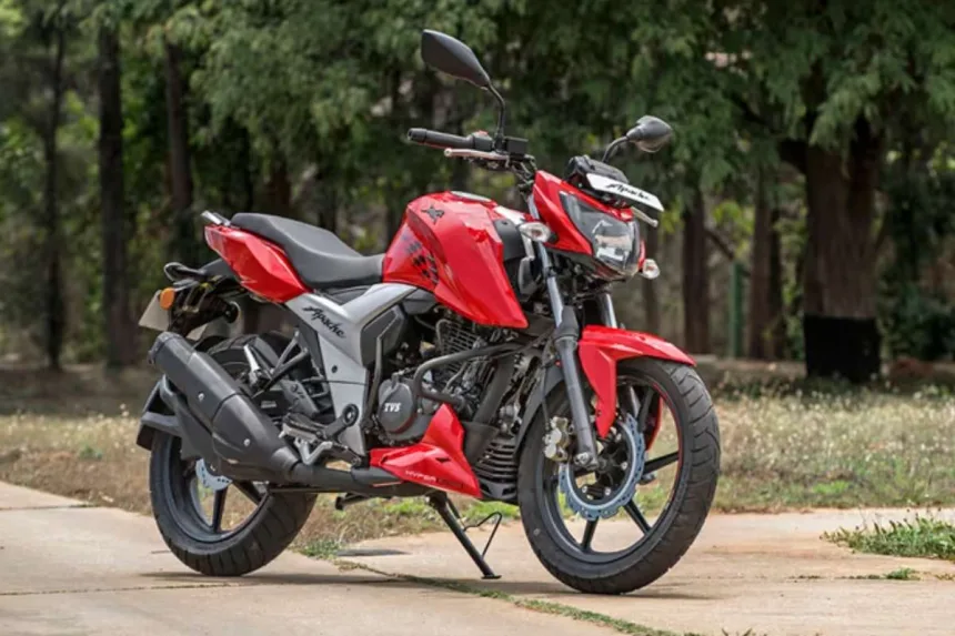 2025 TVS Apache RTR 160 in Matte Black with red alloy wheels on Andhra Pradesh street