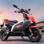 TVS X electric scooter 2025 in Red, showcasing sporty design with 150 km IDC range for Indian riders