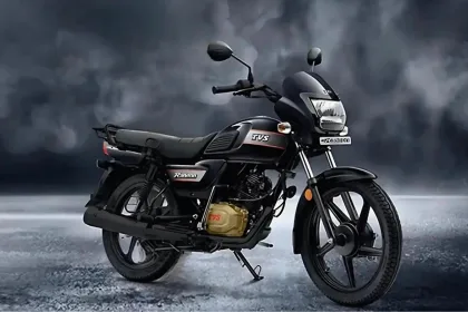TVS Radeon 2025 in Metal Black, showcasing classic commuter design with 75 kmpl claimed mileage for Indian riders