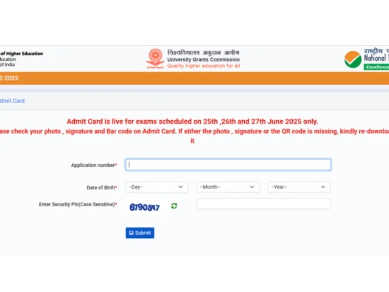 NTA UGC NET portal interface for admit card download, 2025