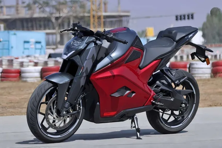 Ultraviolette F77 electric motorcycle 2025 in cosmic black on Andhra Pradesh road