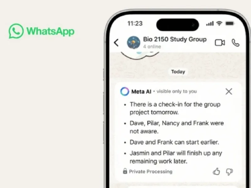 WhatsApp interface showcasing Meta AI-powered chat summaries, 2025