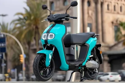 Yamaha Neo electric scooter 2025 in aqua color parked in Andhra Pradesh city