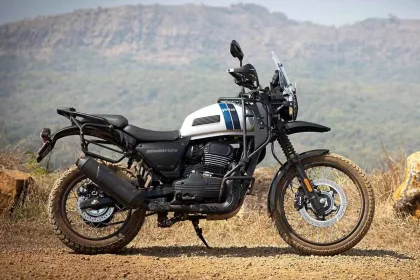 Yezdi Adventure 2025 in Tornado Black, showcasing bold asymmetrical design with twin LED headlights for Indian adventure riders